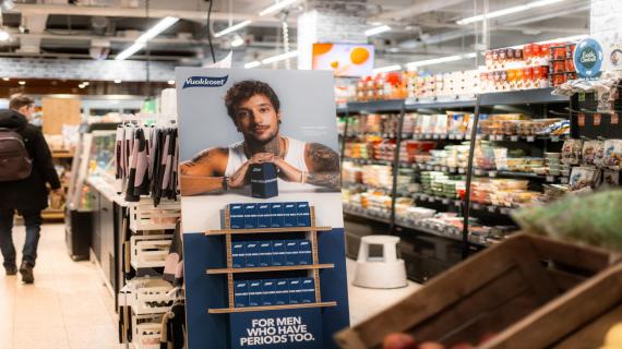 men's tampon stand in supermarket